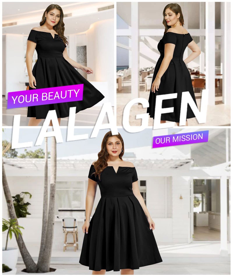 LALAGEN فستان لالاجين النسائي بلس سايز عتيق من خمسينيات القرن الماضي لحفلات الكوكتيل والزفاف بتصميم سوينغ ميدي باللون الأسود XXXL - Image 4